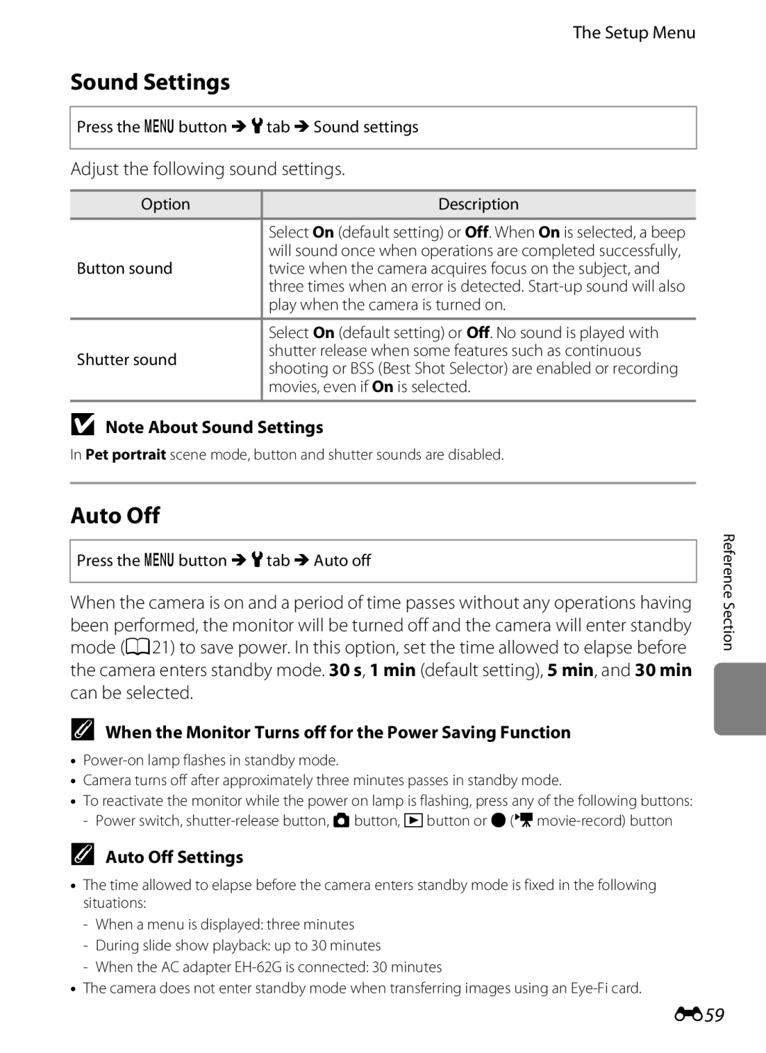 Nikon coolpix s3300 manual Sound Settings, Auto Off, E59, When the Monitor Turns off for the Power Saving Function 