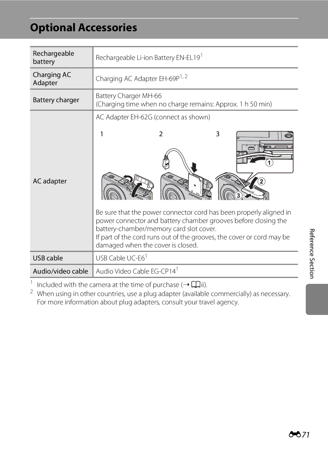 Nikon coolpix s3300, COOLPIXS3300BLK, COOLPIXS3300RED, COOLPIXS3300SIL manual Optional Accessories, E71 