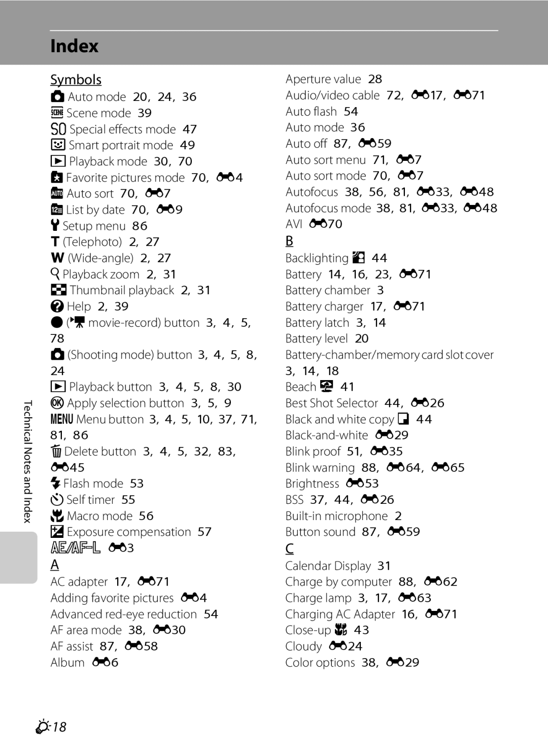 Nikon COOLPIXS3300SIL, COOLPIXS3300BLK, COOLPIXS3300RED, coolpix s3300 manual Index, Symbols, F18 