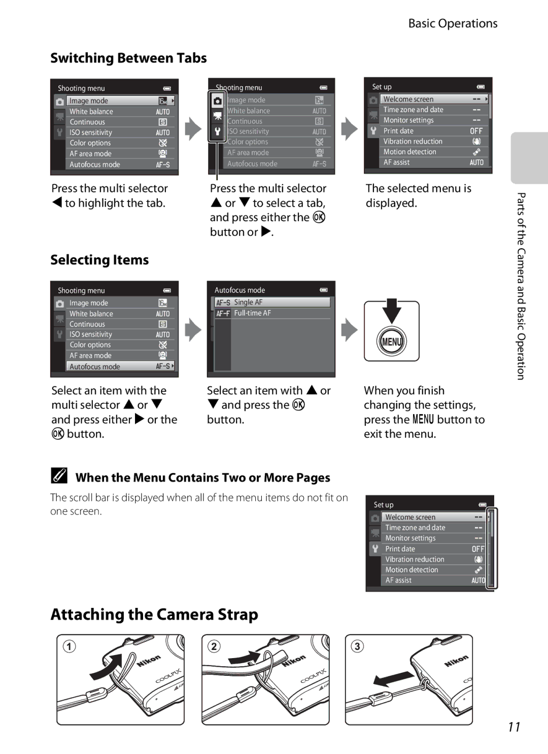 Nikon coolpix s3300, COOLPIXS3300BLK, COOLPIXS3300RED Attaching the Camera Strap, Switching Between Tabs, Selecting Items 