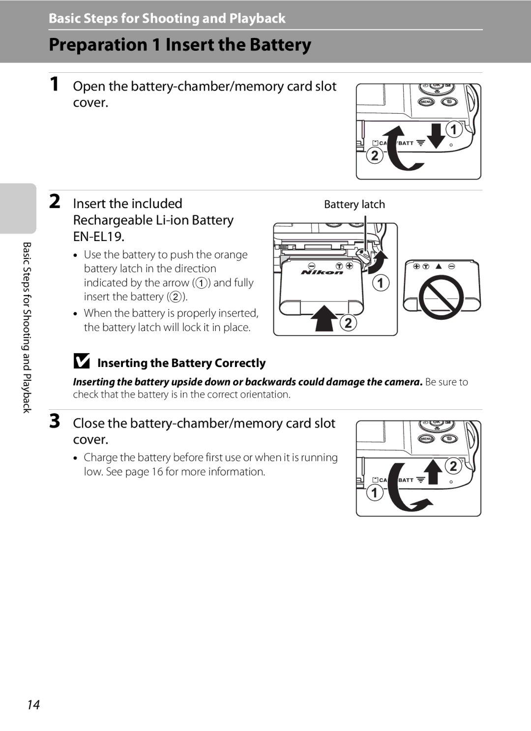 Nikon COOLPIXS3300SIL, COOLPIXS3300BLK Preparation 1 Insert the Battery, Open the battery-chamber/memory card slot cover 