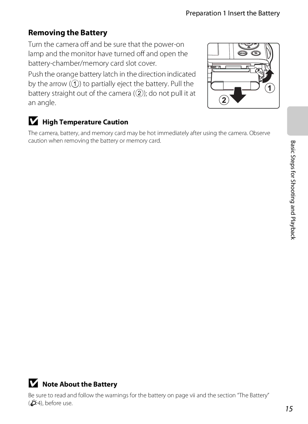 Nikon coolpix s3300, COOLPIXS3300BLK manual Removing the Battery, Preparation 1 Insert the Battery, High Temperature Caution 