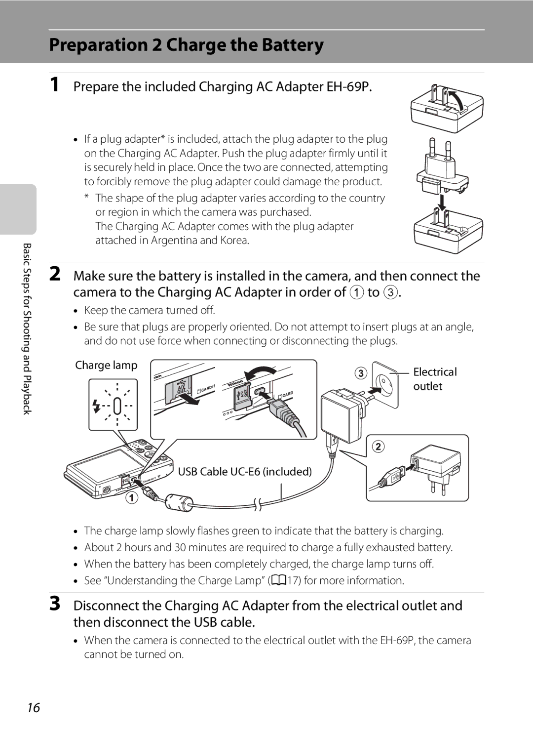 Nikon COOLPIXS3300BLK manual Preparation 2 Charge the Battery, Prepare the included Charging AC Adapter EH-69P, Charge lamp 