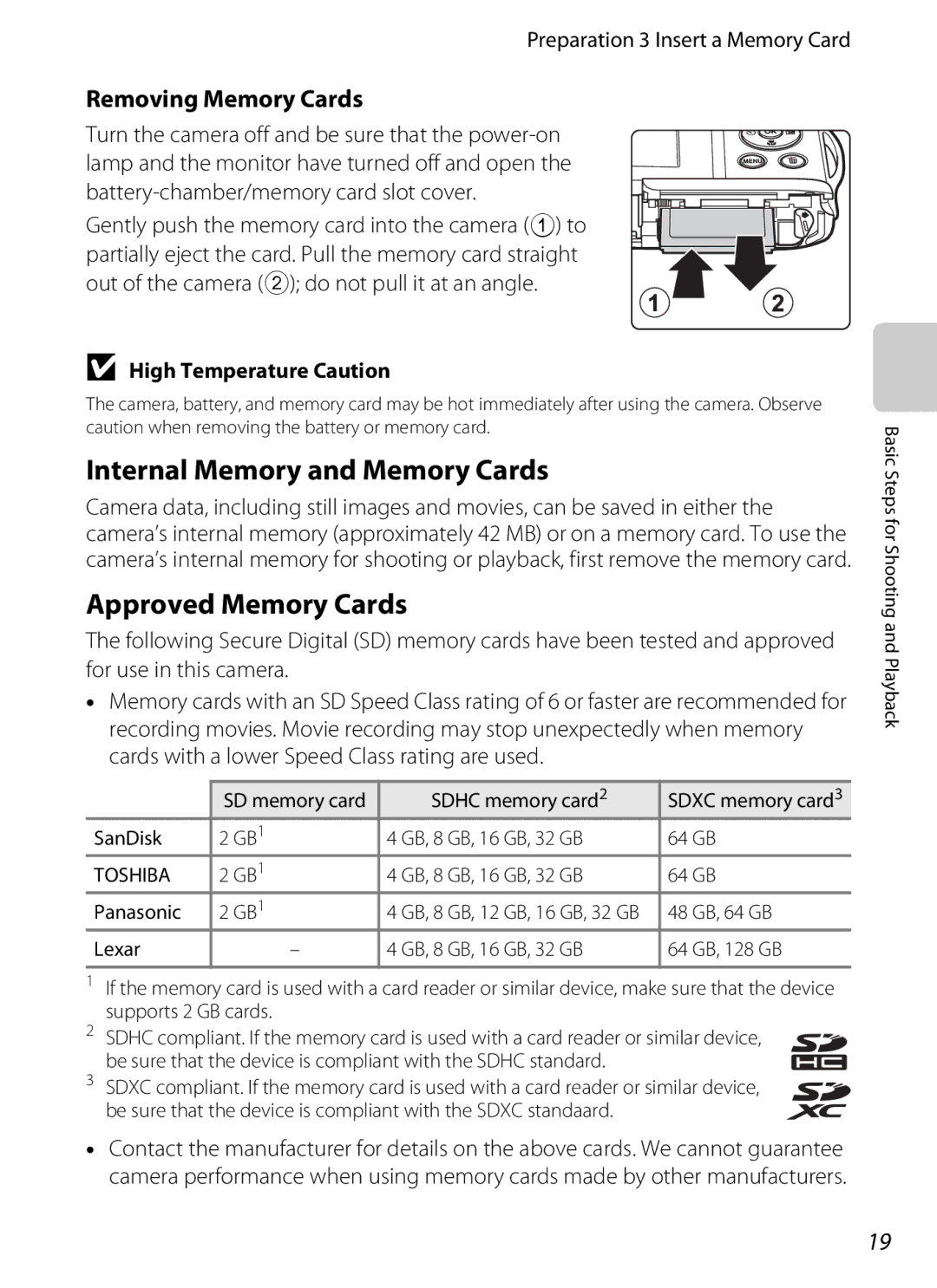 Nikon coolpix s3300, COOLPIXS3300BLK manual Internal Memory and Memory Cards, Approved Memory Cards, Removing Memory Cards 