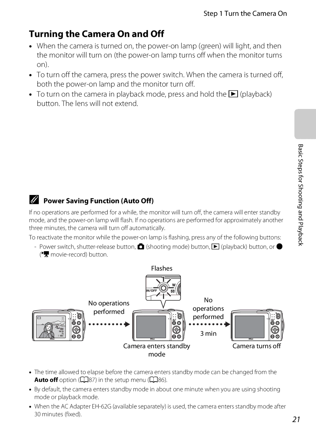 Nikon COOLPIXS3300RED manual Turning the Camera On and Off, Turn the Camera On, Power Saving Function Auto Off, Flashes 