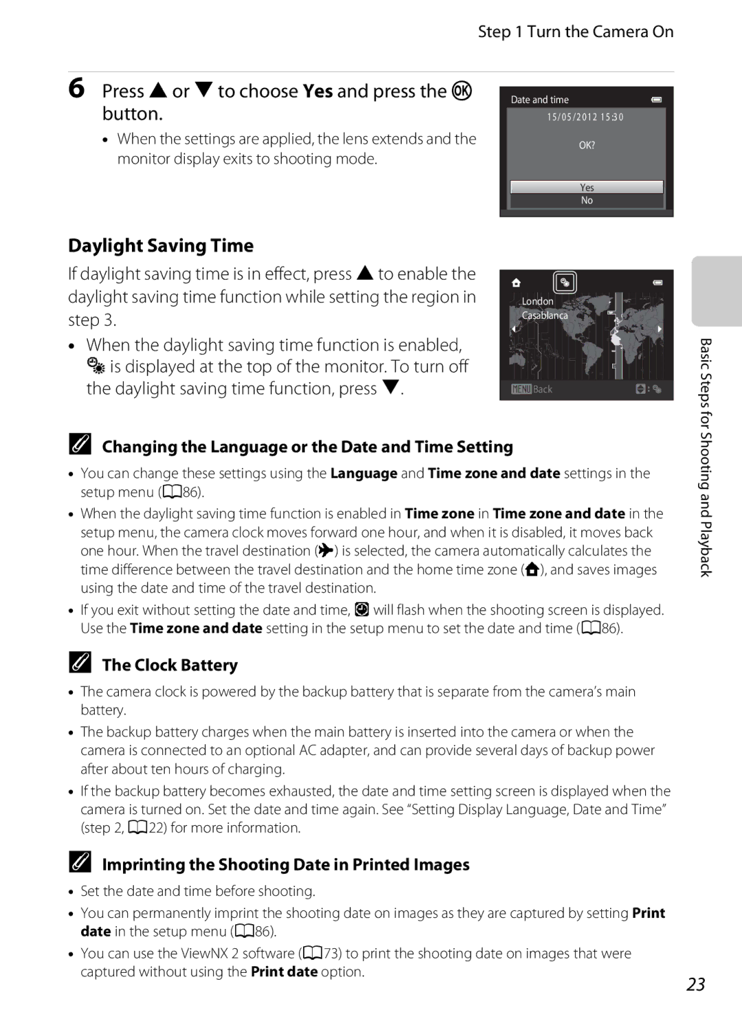 Nikon coolpix s3300 manual Daylight Saving Time, Changing the Language or the Date and Time Setting, Clock Battery 