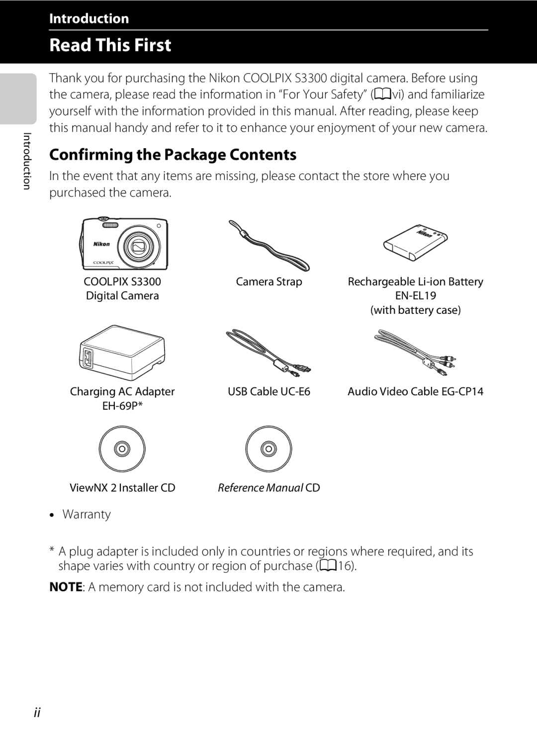 Nikon COOLPIXS3300BLK, COOLPIXS3300RED, COOLPIXS3300SIL, coolpix s3300 manual Read This First, Confirming the Package Contents 