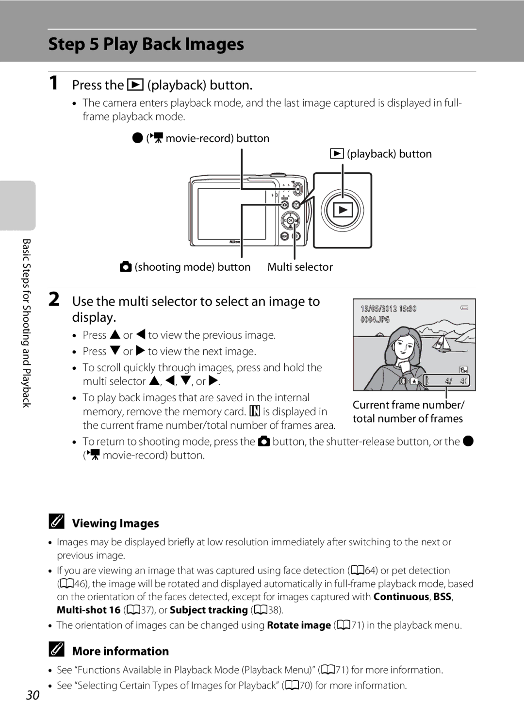 Nikon COOLPIXS3300SIL Play Back Images, Press the cplayback button, Use the multi selector to select an image to display 