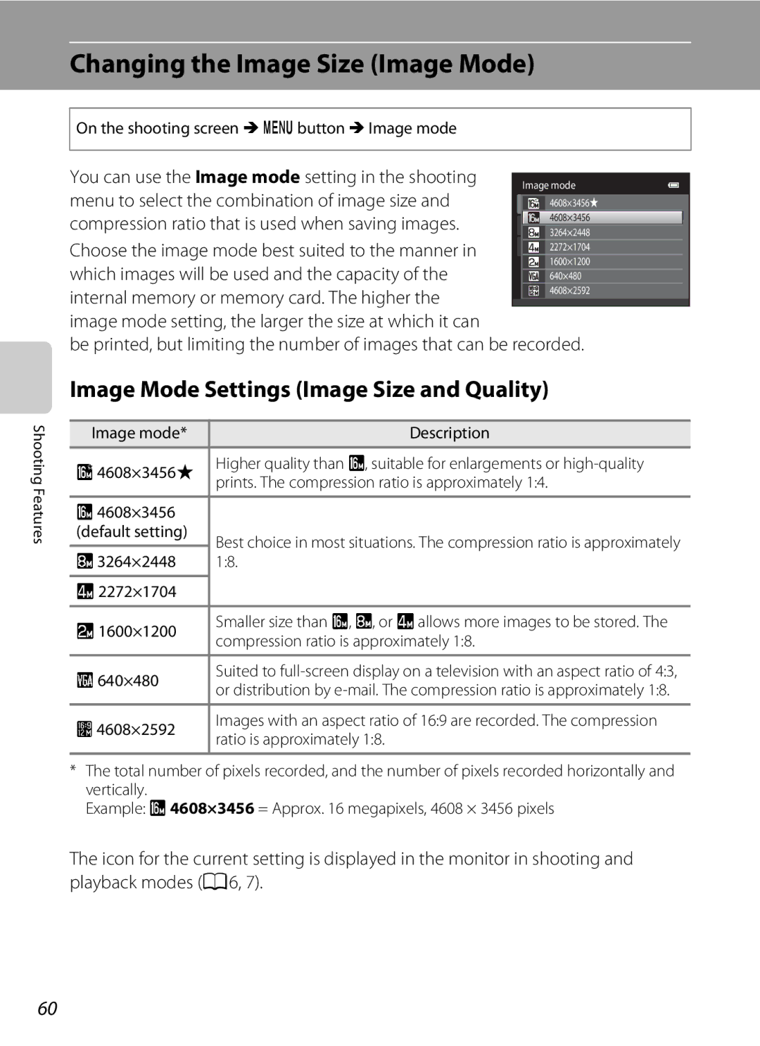 Nikon COOLPIXS3300BLK, COOLPIXS3300RED manual Changing the Image Size Image Mode, Image Mode Settings Image Size and Quality 