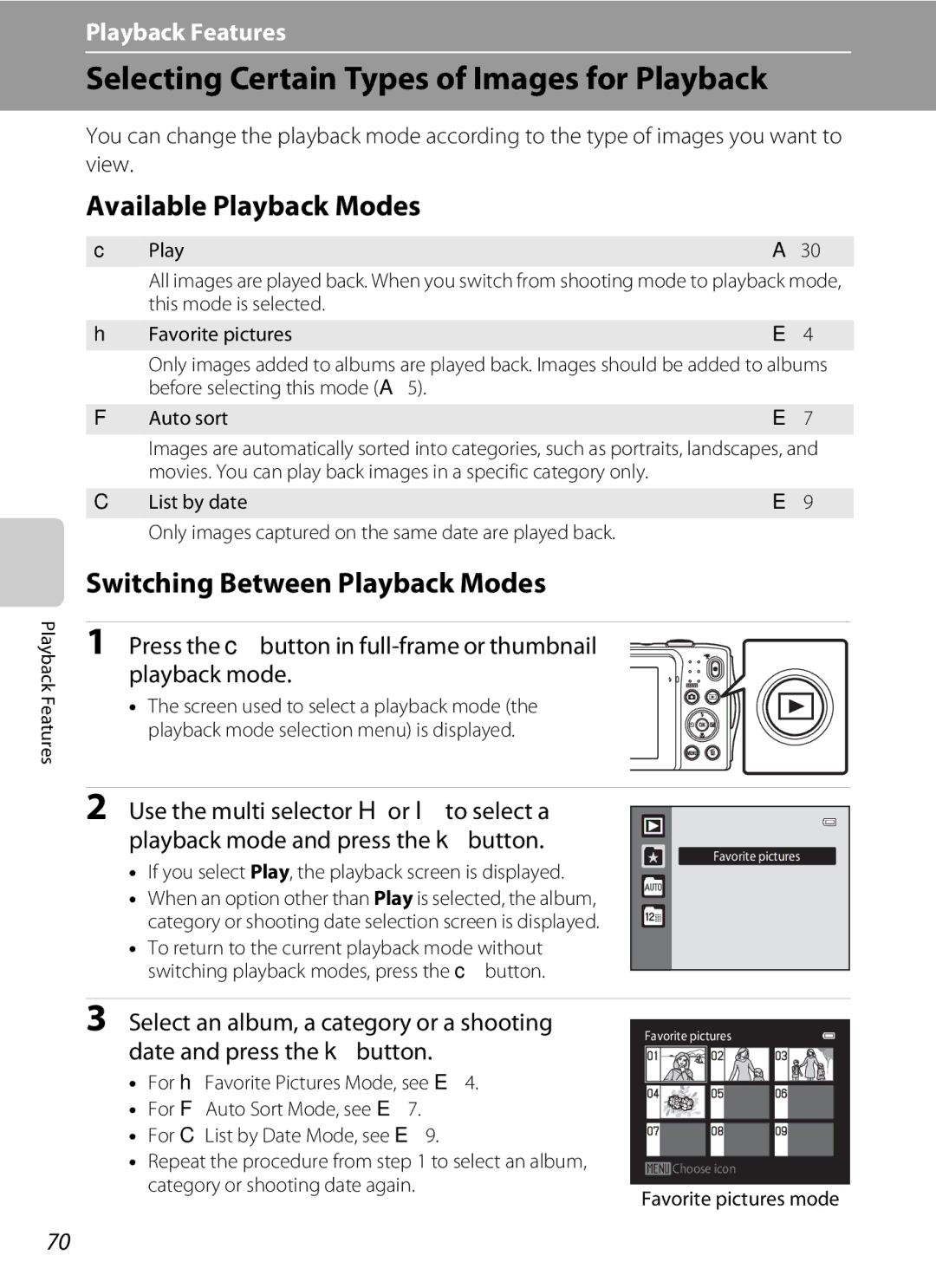 Nikon COOLPIXS3300SIL, COOLPIXS3300BLK manual Selecting Certain Types of Images for Playback, Available Playback Modes 