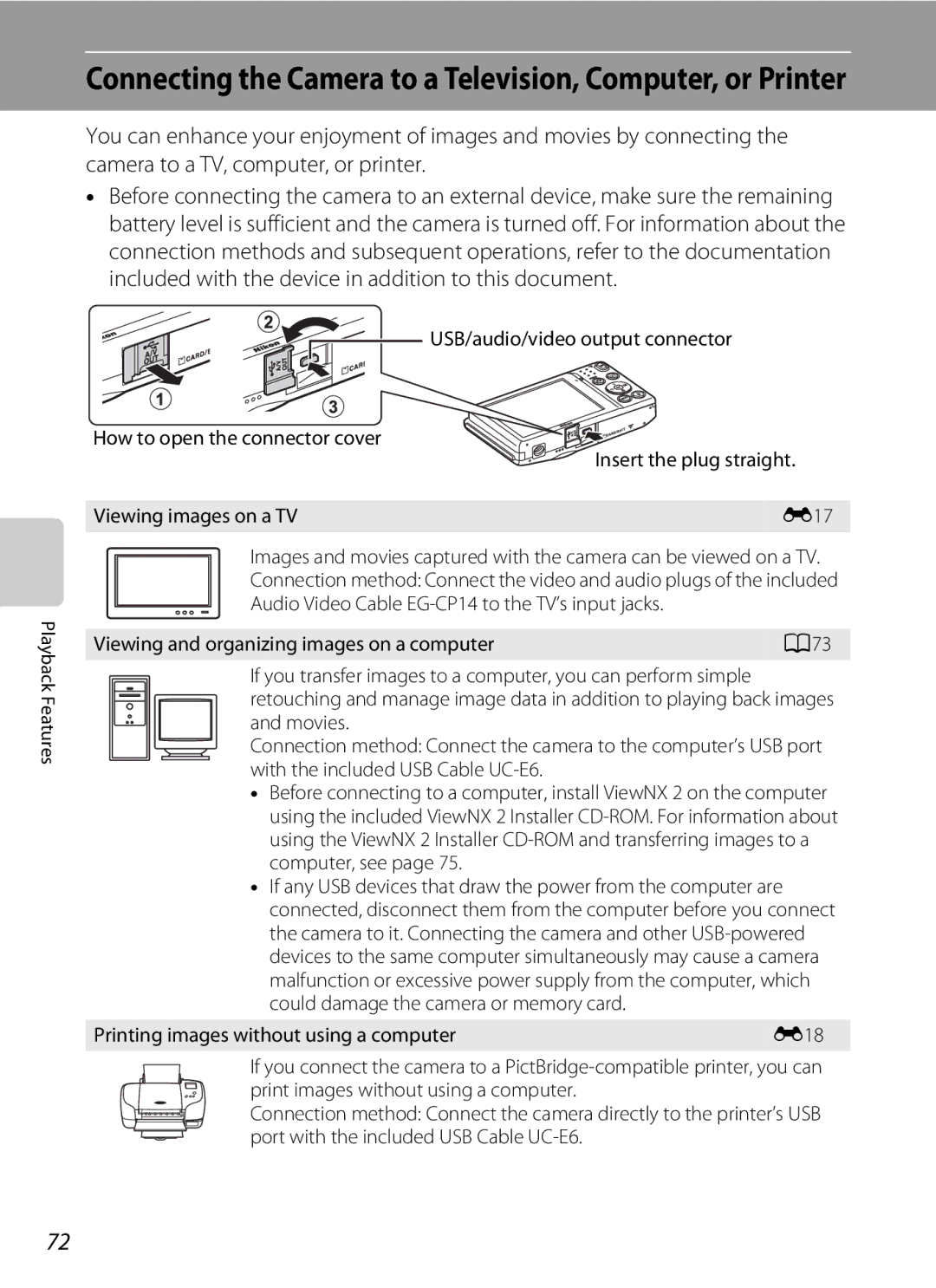 Nikon COOLPIXS3300BLK, COOLPIXS3300RED, COOLPIXS3300SIL manual Connecting the Camera to a Television, Computer, or Printer 