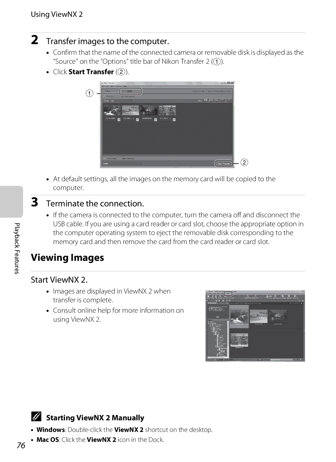 Nikon COOLPIXS3300BLK manual Viewing Images, Transfer images to the computer, Terminate the connection, Start ViewNX 