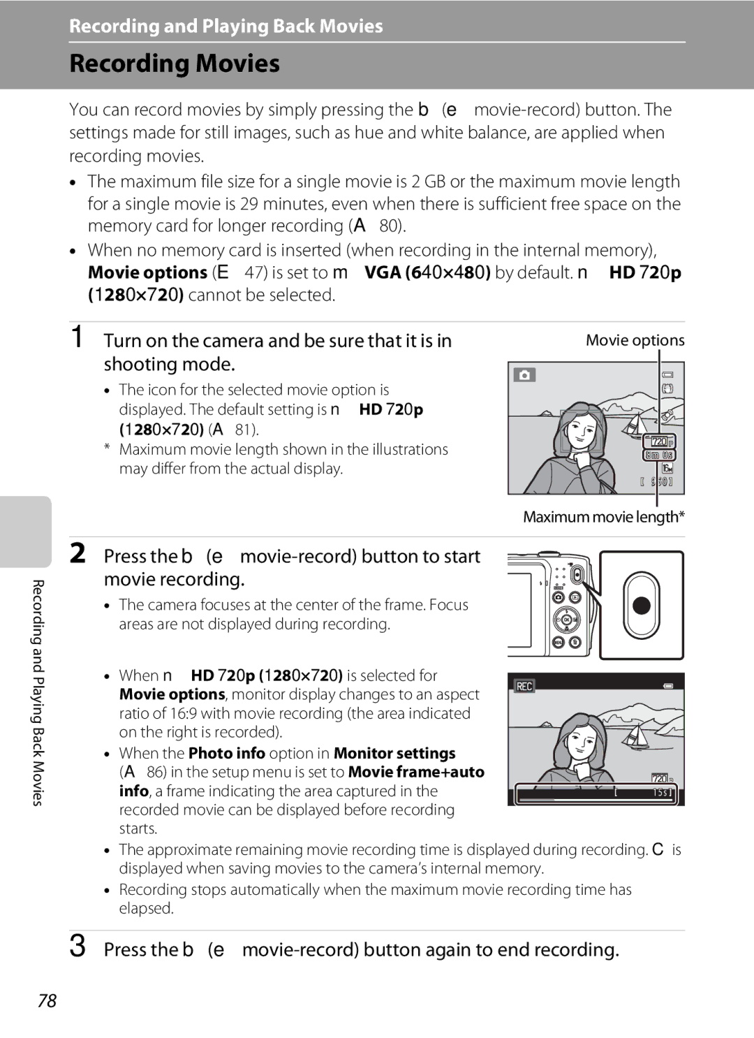 Nikon COOLPIXS3300SIL, COOLPIXS3300BLK manual Recording Movies, Turn on the camera and be sure that it is in shooting mode 