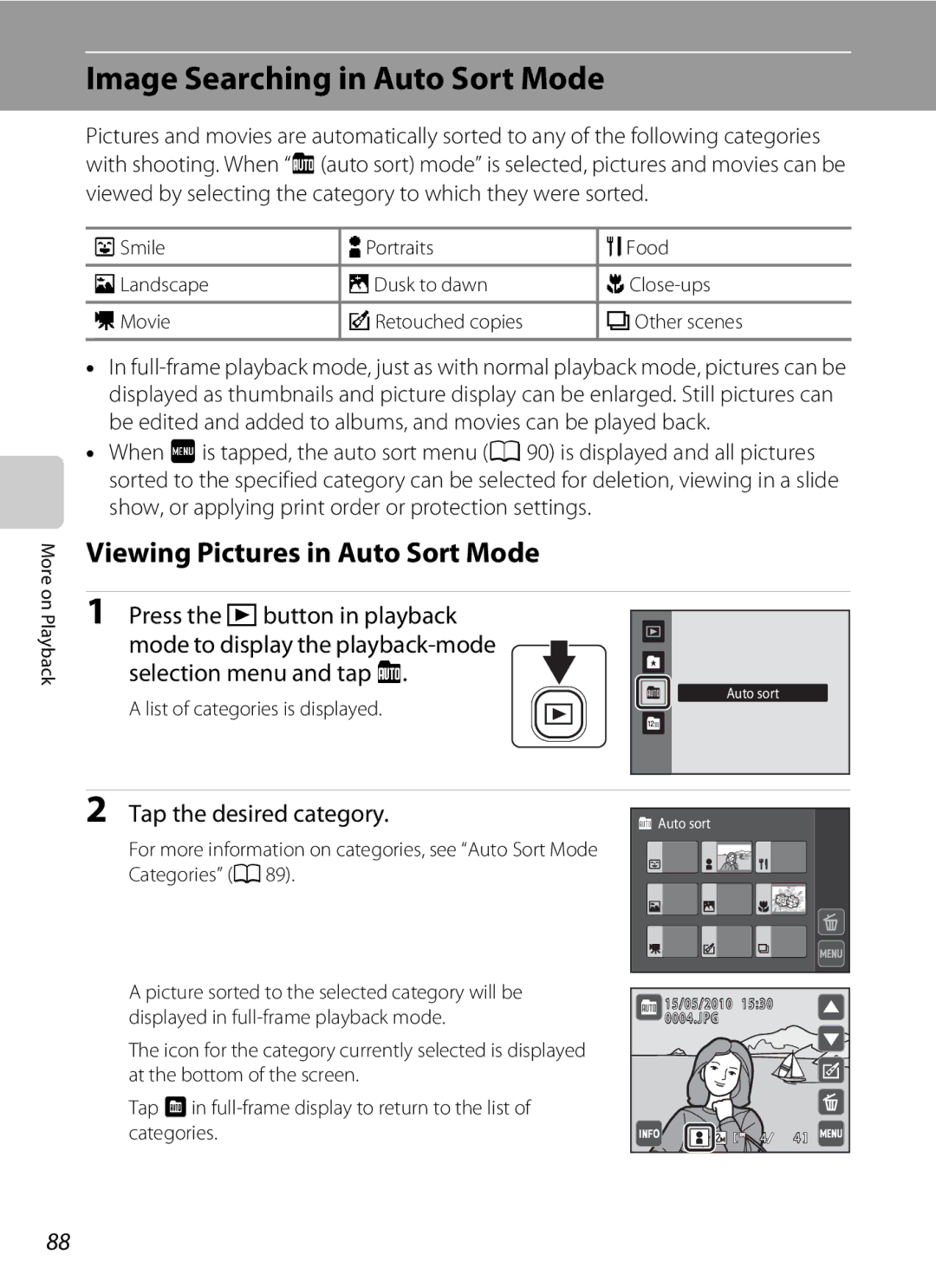 Nikon COOLPIXS4000PLUM Image Searching in Auto Sort Mode, Viewing Pictures in Auto Sort Mode, Selection menu and tap F 