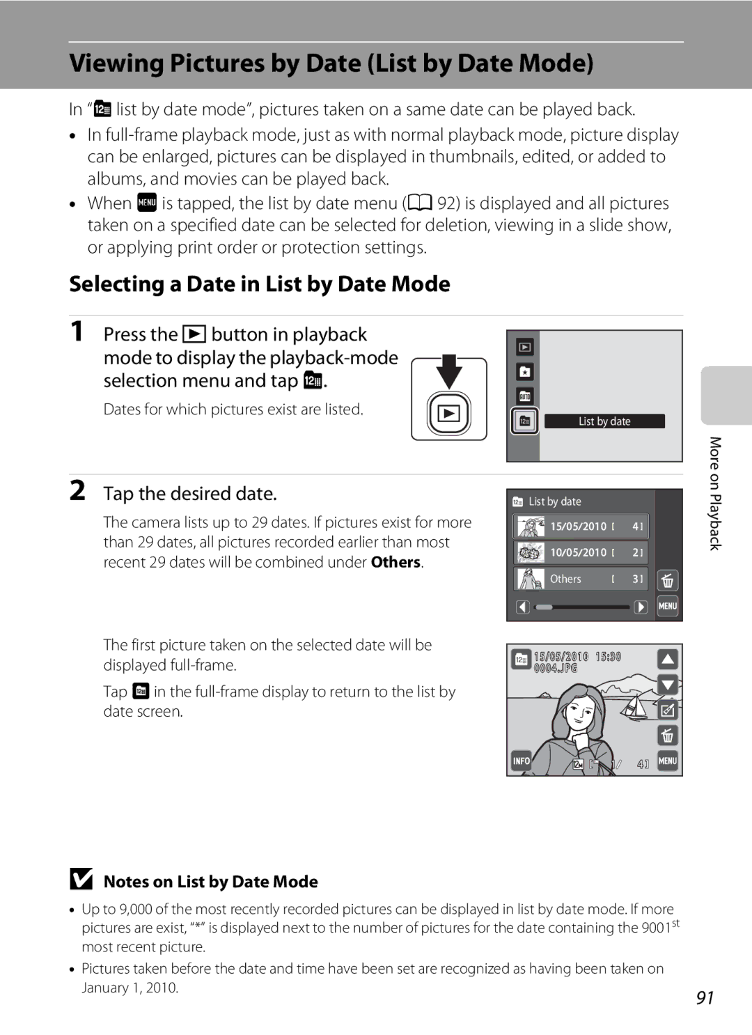 Nikon s4000 Viewing Pictures by Date List by Date Mode, Selecting a Date in List by Date Mode, Selection menu and tap C 