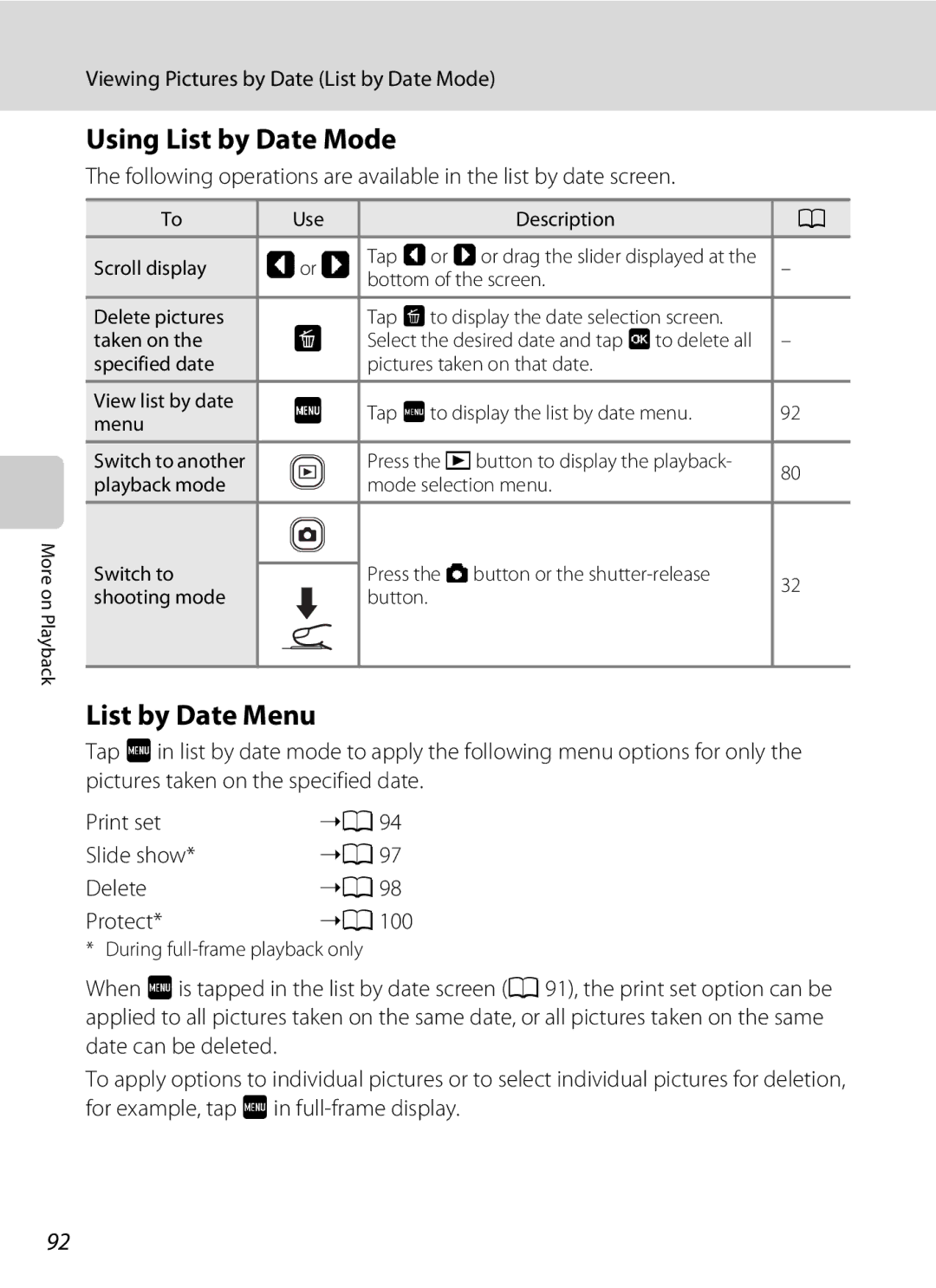 Nikon coolpix, COOLPIXS4000PLUM Using List by Date Mode, List by Date Menu, Viewing Pictures by Date List by Date Mode 