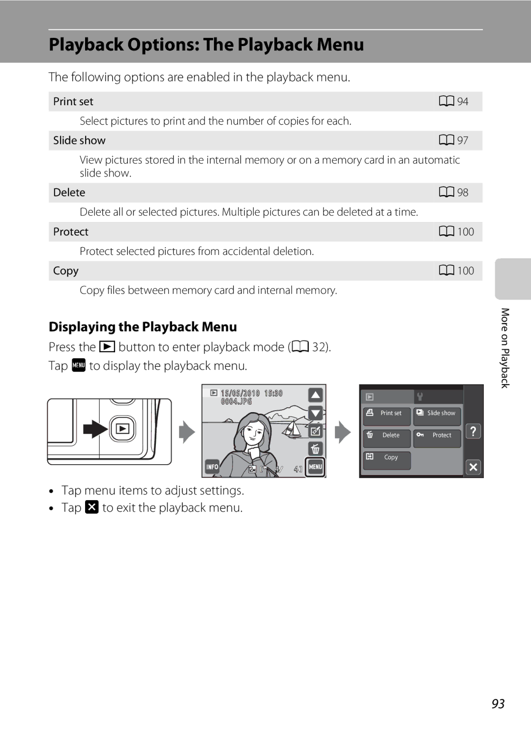 Nikon COOLPIXS4000PLUM, COOLPIXS4000CS Playback Options The Playback Menu, Displaying the Playback Menu, Slide show Delete 