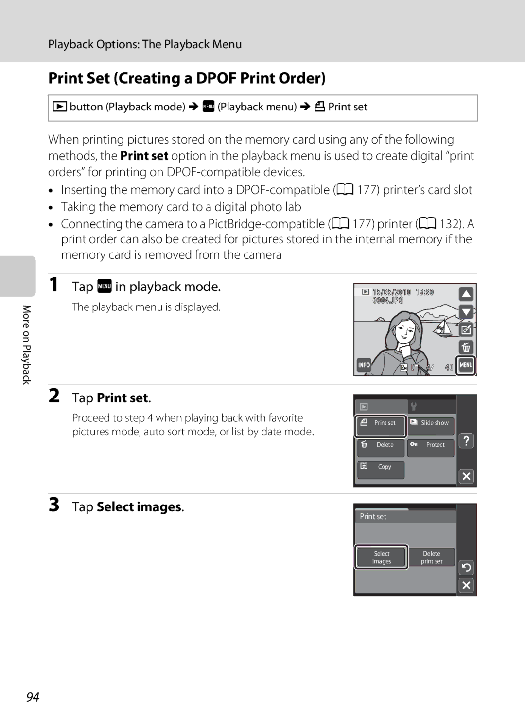 Nikon COOLPIXS4000MDKIT, COOLPIXS4000PLUM Print Set Creating a Dpof Print Order, Tap Fin playback mode, Tap Print set 