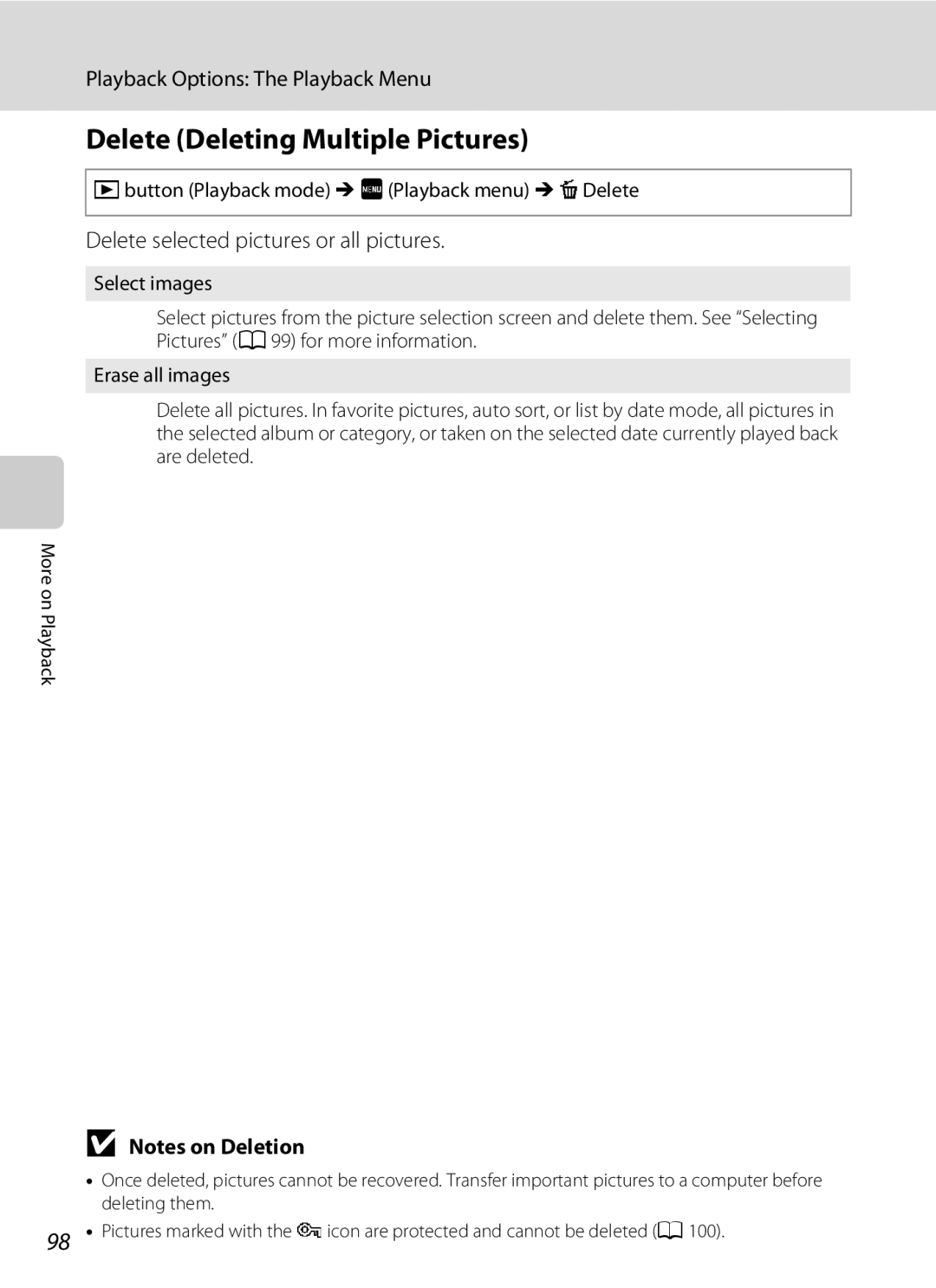 Nikon COOLPIXS4000PLUM, COOLPIXS4000MDKIT Delete Deleting Multiple Pictures, Delete selected pictures or all pictures 