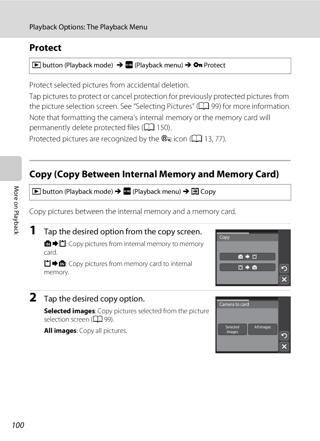 Nikon COOLPIXS4000CS, s4000 Protect, Copy Copy Between Internal Memory and Memory Card, Tap the desired copy option, 100 