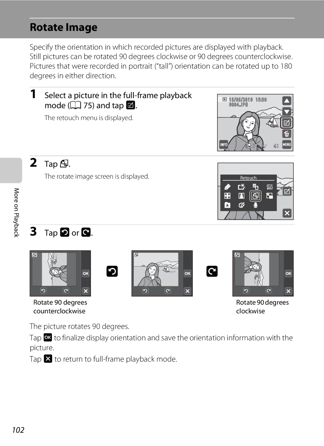 Nikon coolpix, COOLPIXS4000PLUM, COOLPIXS4000MDKIT, COOLPIXS4000CS, s4000 user manual Rotate Image, Tap f, Tap Ior J, 102 