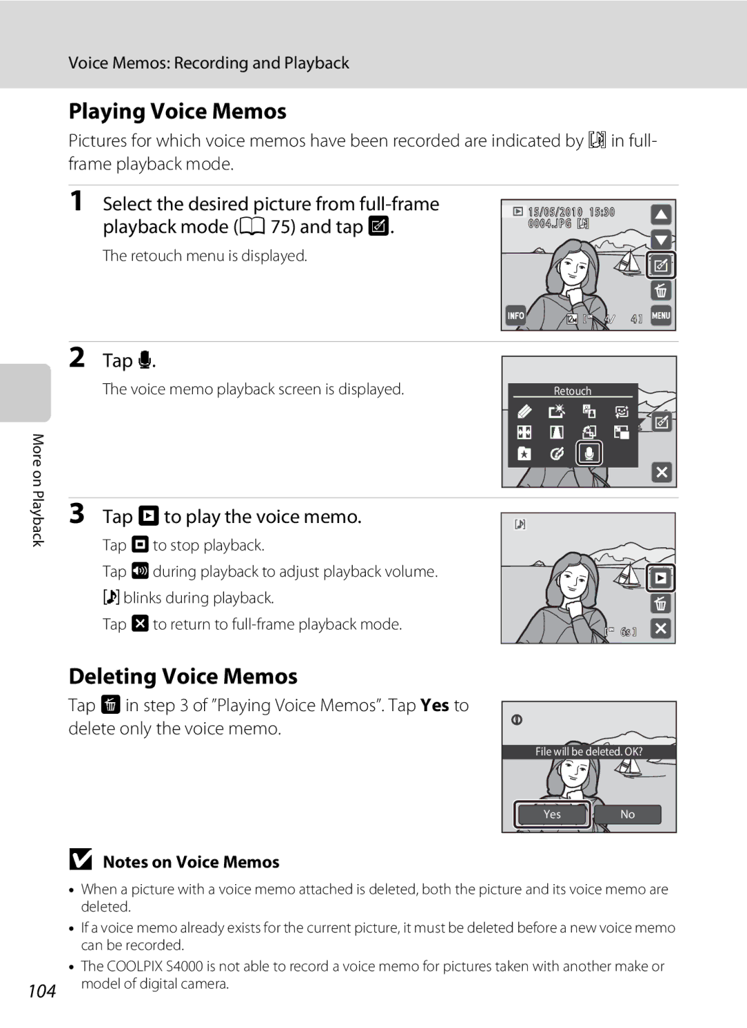 Nikon COOLPIXS4000MDKIT, COOLPIXS4000PLUM, s4000 Playing Voice Memos, Deleting Voice Memos, Tap Rto play the voice memo 