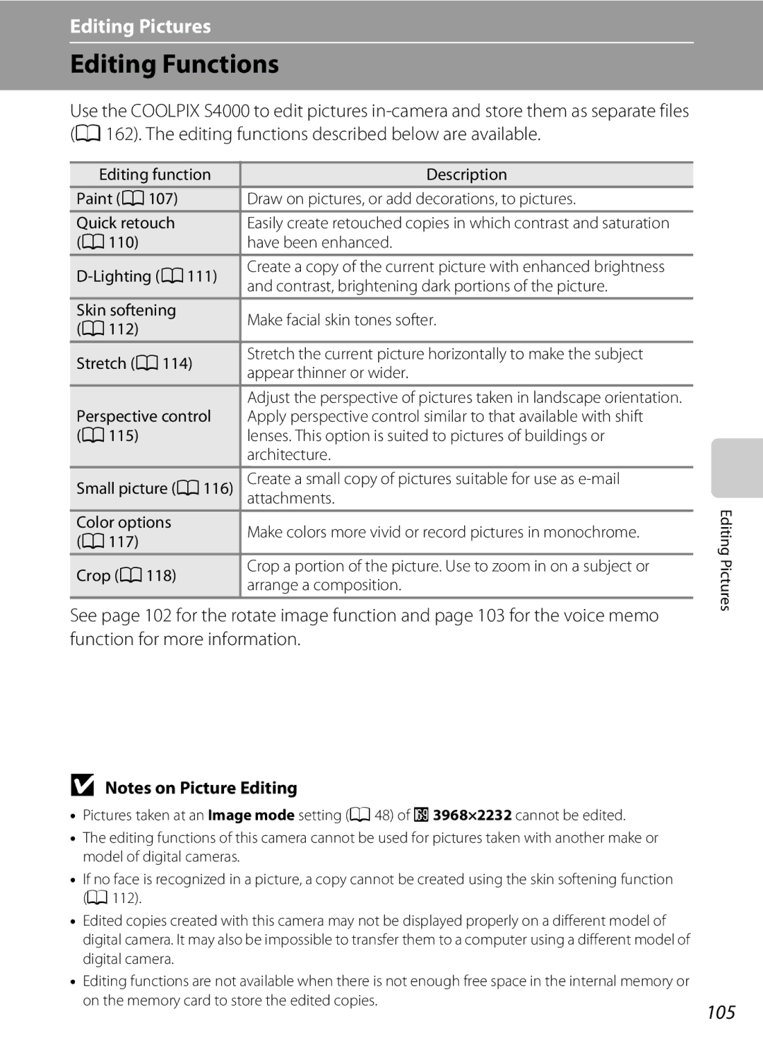 Nikon COOLPIXS4000CS, COOLPIXS4000PLUM, COOLPIXS4000MDKIT, s4000, coolpix user manual Editing Functions, 105 