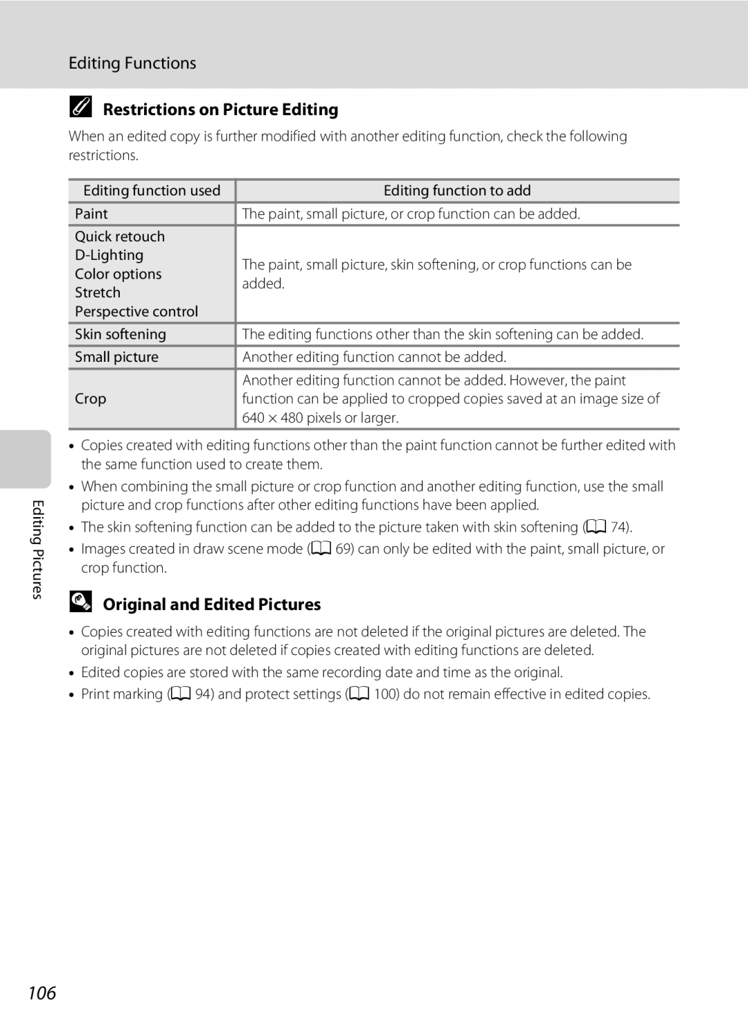 Nikon s4000, COOLPIXS4000PLUM 106, Editing Functions, Restrictions on Picture Editing, Original and Edited Pictures 