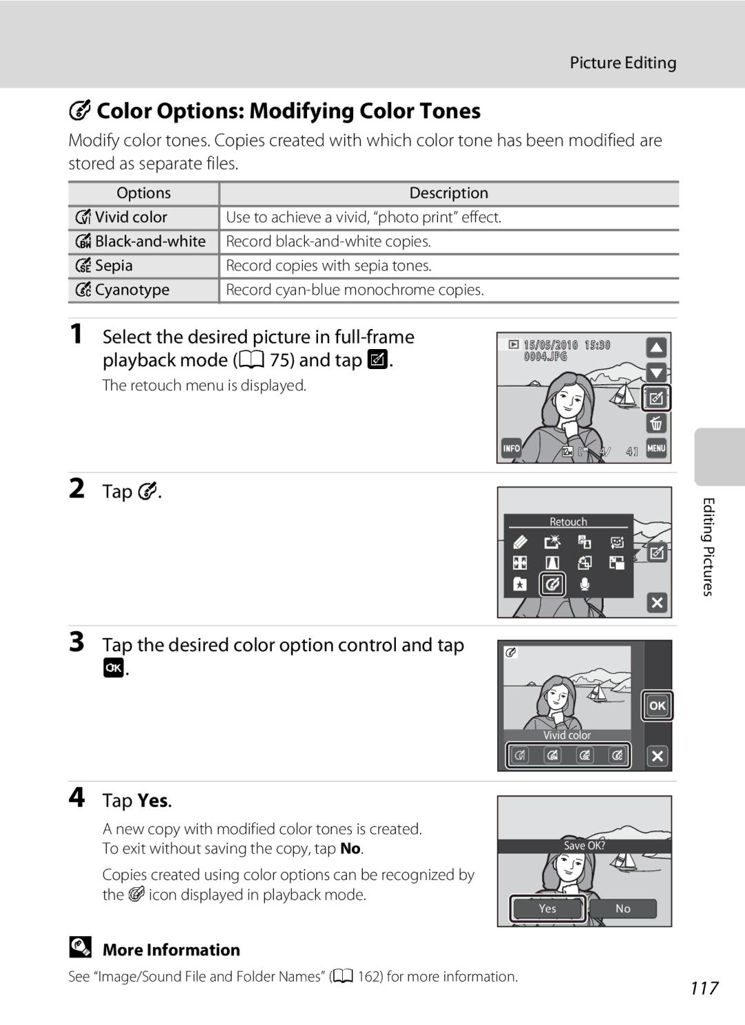 Nikon coolpix, COOLPIXS4000PLUM FColor Options Modifying Color Tones, Tap the desired color option control and tap, 117 