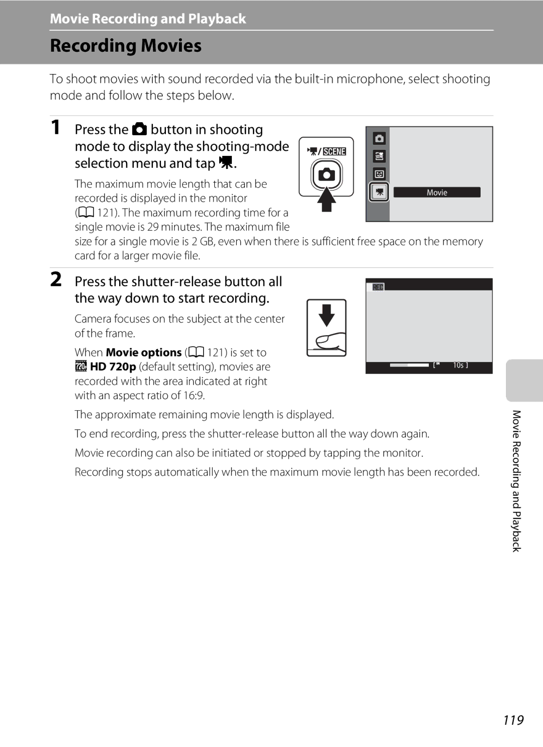 Nikon COOLPIXS4000MDKIT, COOLPIXS4000PLUM, COOLPIXS4000CS, s4000, coolpix Recording Movies, Selection menu and tap D, 119 