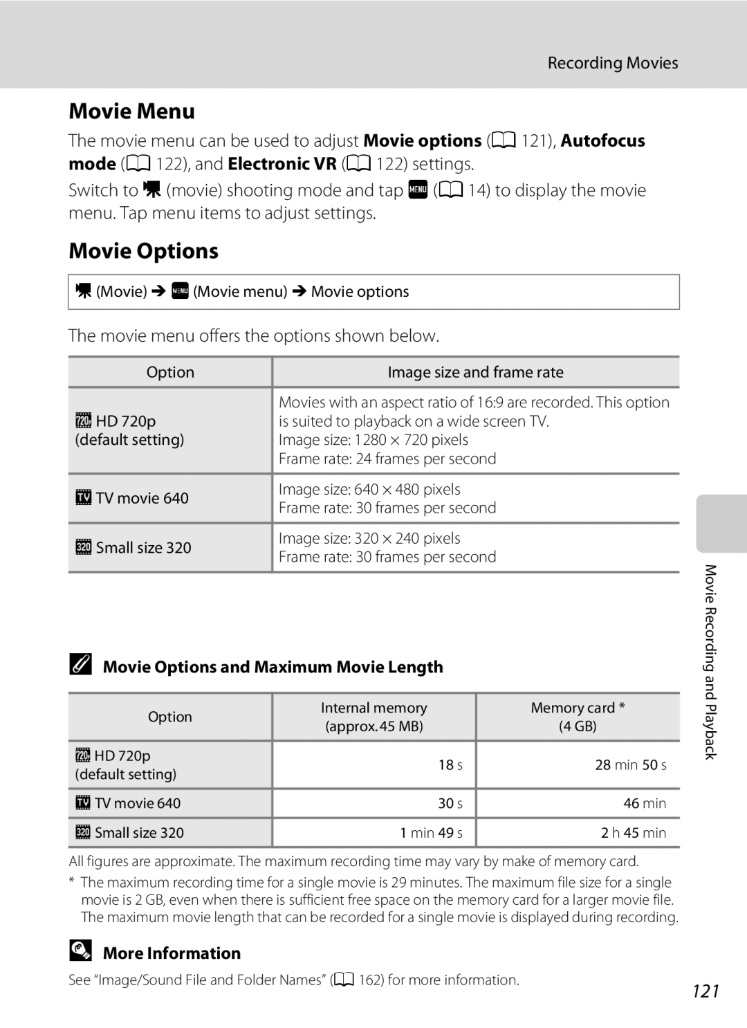 Nikon s4000, COOLPIXS4000PLUM, COOLPIXS4000MDKIT Movie Menu, Movie Options, 121, Movie menu offers the options shown below 