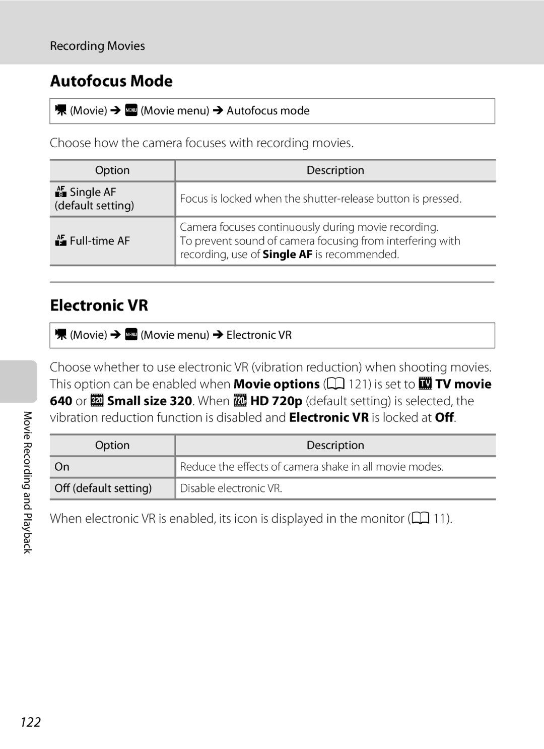 Nikon coolpix, COOLPIXS4000PLUM, COOLPIXS4000MDKIT Electronic VR, 122, Choose how the camera focuses with recording movies 