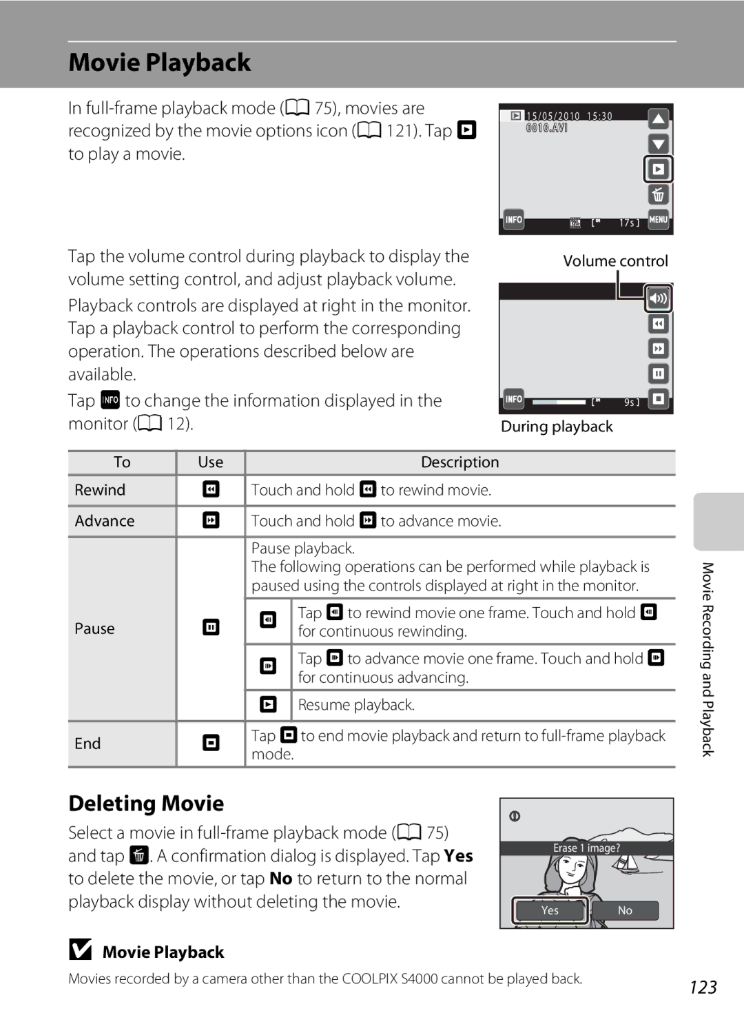 Nikon COOLPIXS4000PLUM, COOLPIXS4000MDKIT, COOLPIXS4000CS, s4000, coolpix user manual Movie Playback, Deleting Movie, 123 