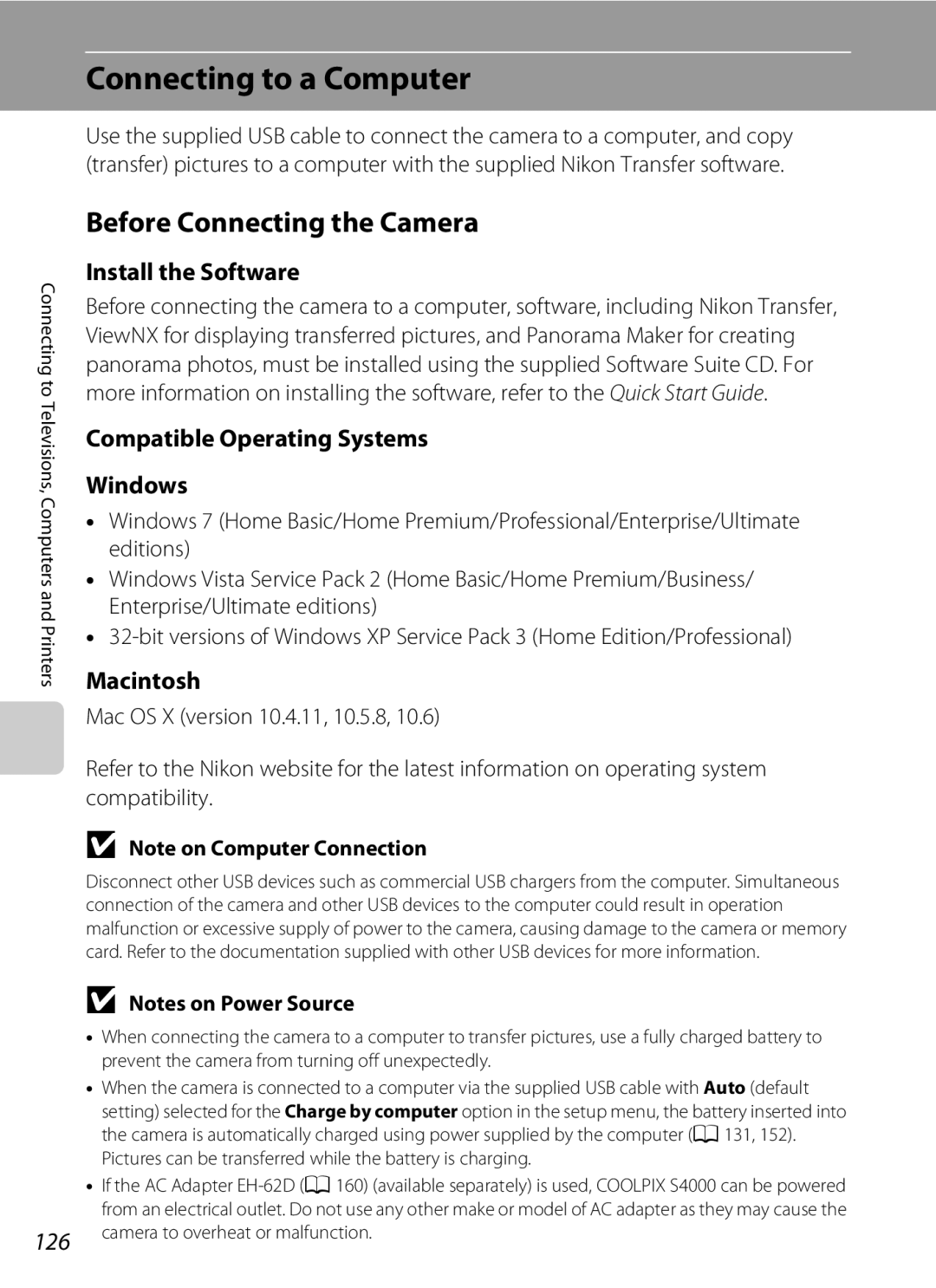 Nikon s4000, COOLPIXS4000PLUM Connecting to a Computer, Before Connecting the Camera, Install the Software, Macintosh 