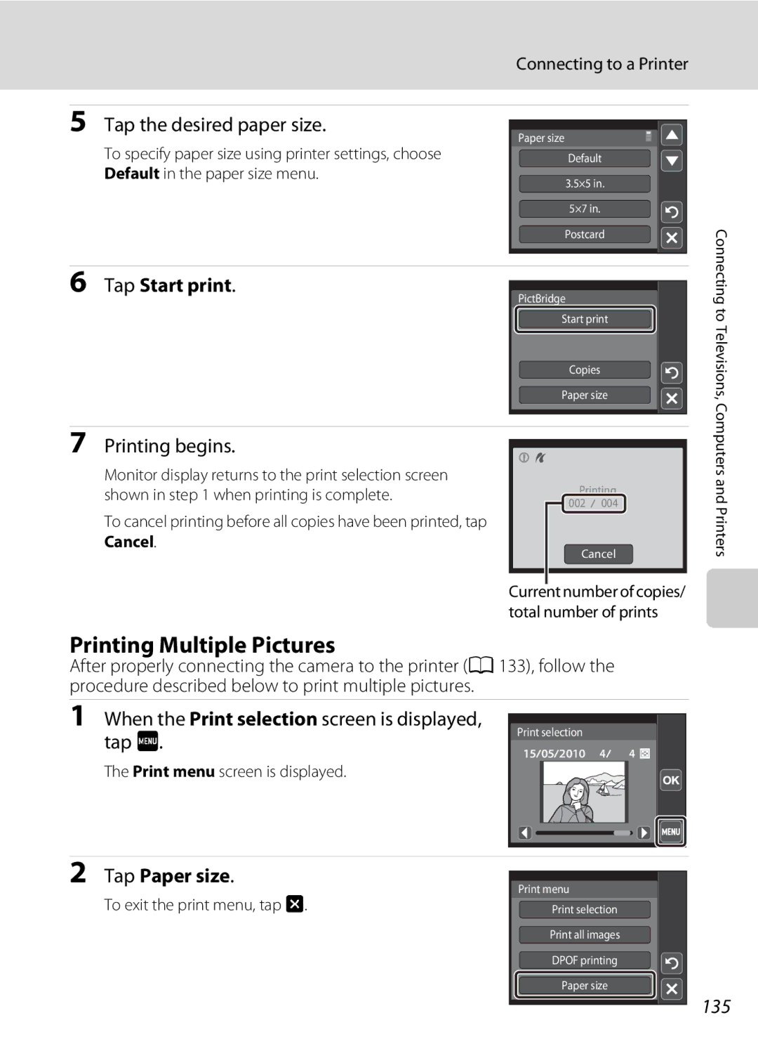 Nikon COOLPIXS4000CS, s4000 Printing Multiple Pictures, Tap the desired paper size, Tap Start print, Printing begins 