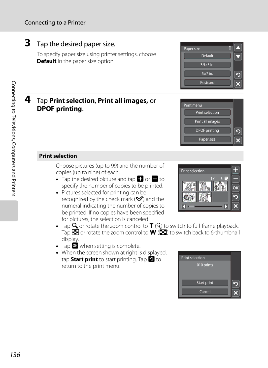 Nikon s4000, coolpix Tap Print selection, Print all images, or Dpof printing, 136, Pictures selected for printing can be 