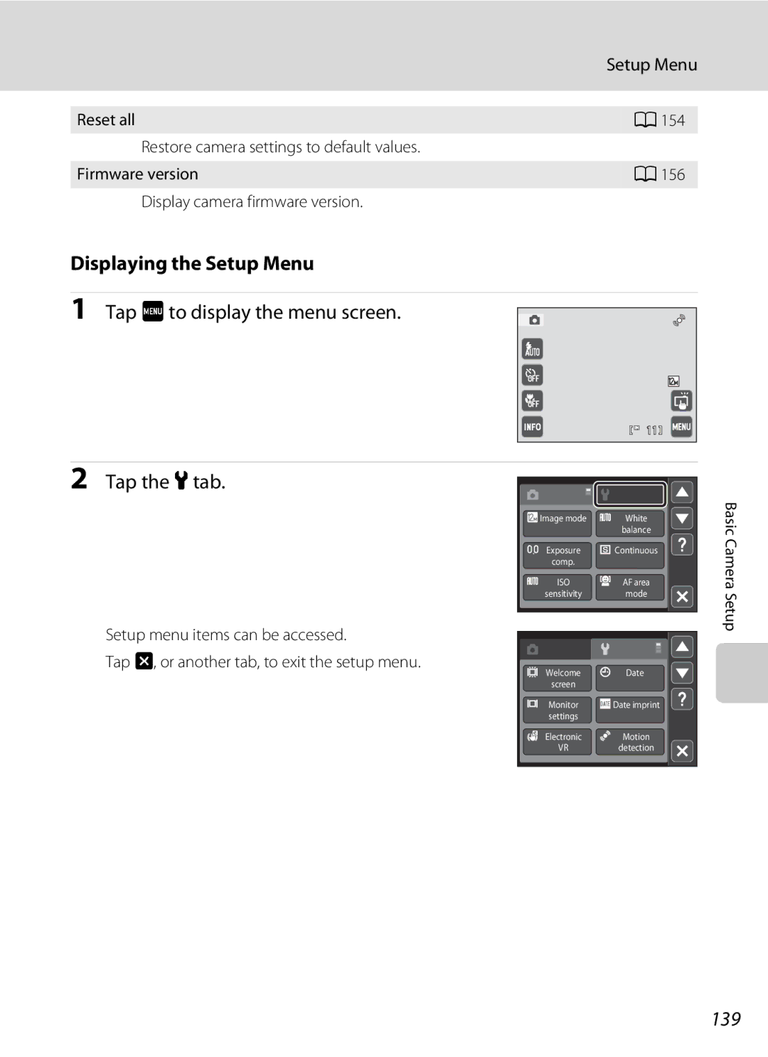 Nikon COOLPIXS4000MDKIT, COOLPIXS4000PLUM Displaying the Setup Menu, Tap Fto display the menu screen Tap the ztab, 139 