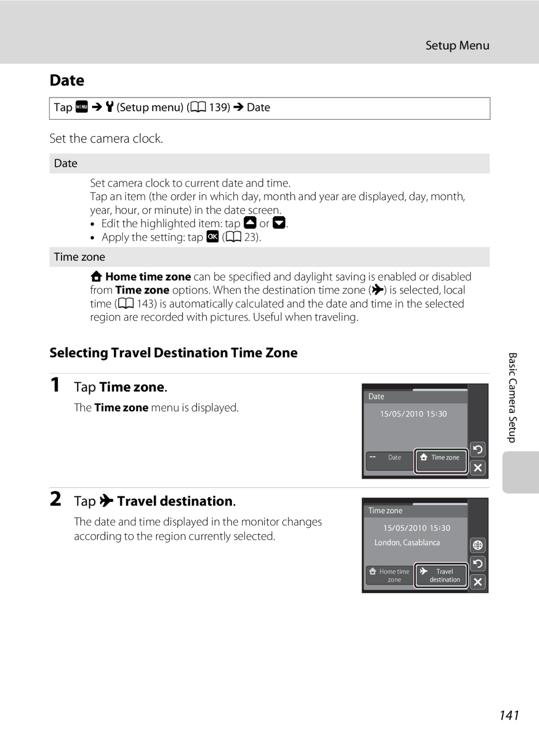 Nikon s4000 Date, Selecting Travel Destination Time Zone Tap Time zone, Tap xTravel destination, 141, Set the camera clock 