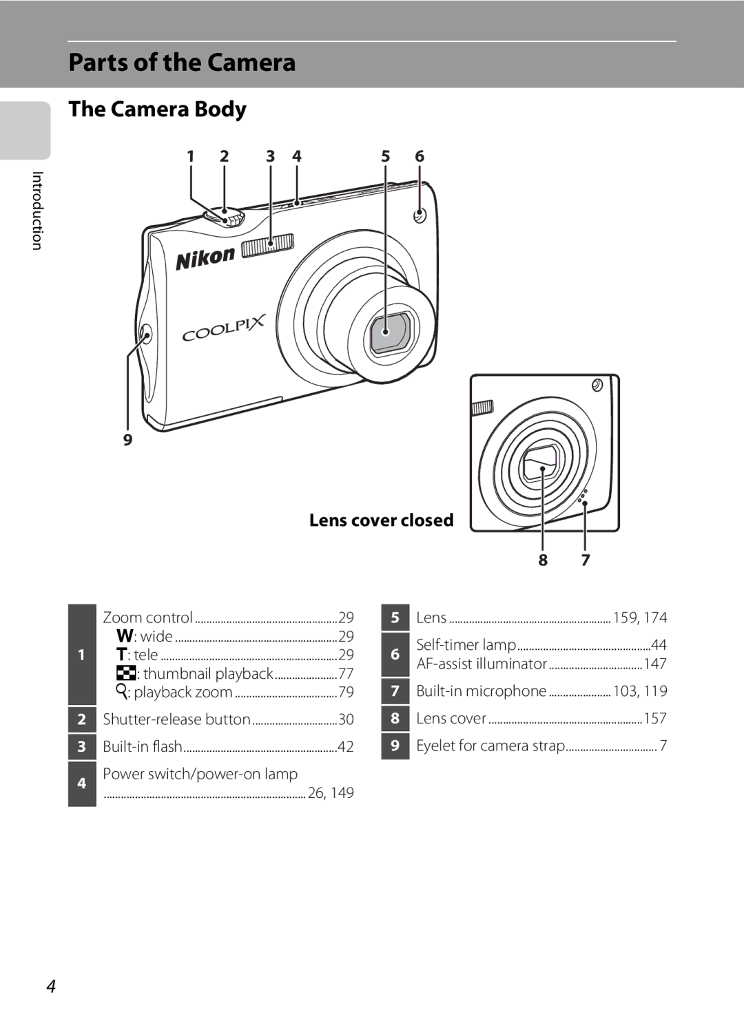 Nikon COOLPIXS4000MDKIT, COOLPIXS4000PLUM, COOLPIXS4000CS Parts of the Camera, Camera Body, Lens cover closed, 147, 157 