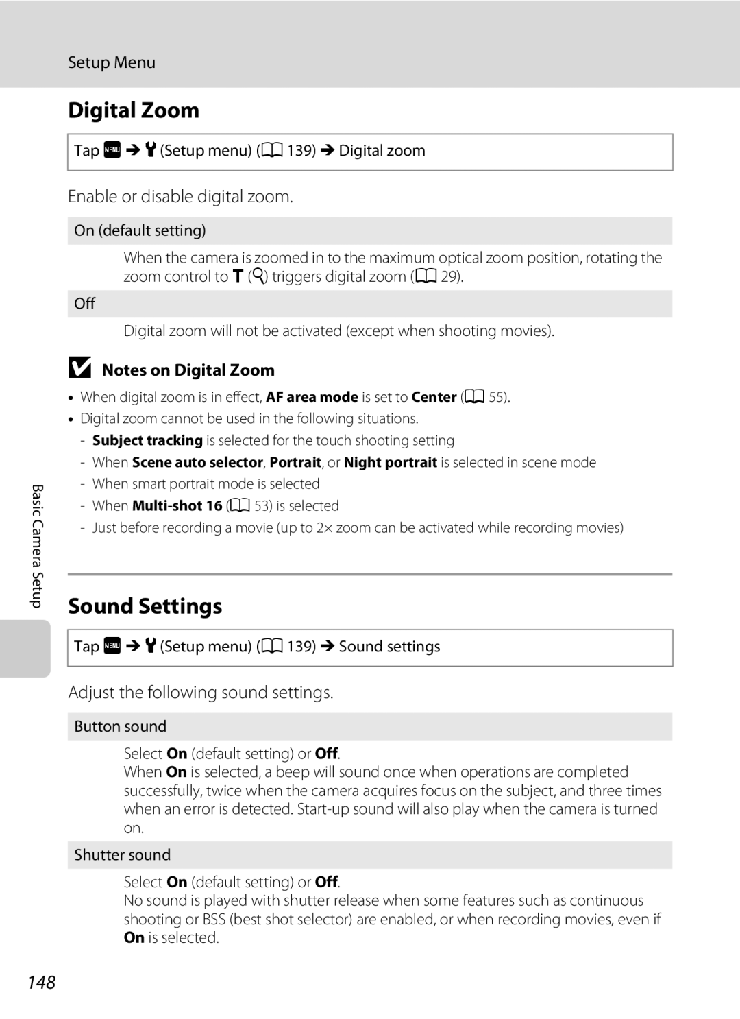 Nikon COOLPIXS4000PLUM, COOLPIXS4000MDKIT, COOLPIXS4000CS Digital Zoom, Sound Settings, 148, Enable or disable digital zoom 