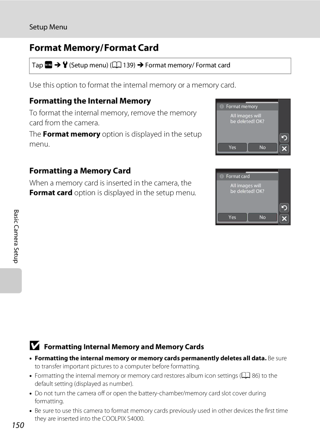 Nikon COOLPIXS4000CS, COOLPIXS4000PLUM, COOLPIXS4000MDKIT Format Memory/Format Card, Formatting the Internal Memory, 150 