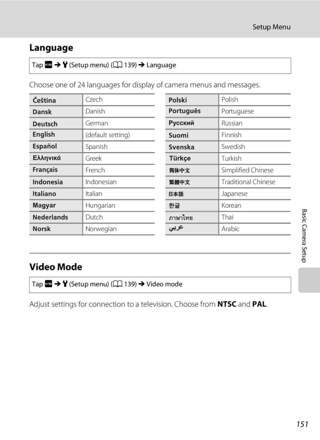 Nikon s4000, coolpix Video Mode, 151, Tap FM zSetup menu a 139 M Language, Tap FM zSetup menu a 139 M Video mode 