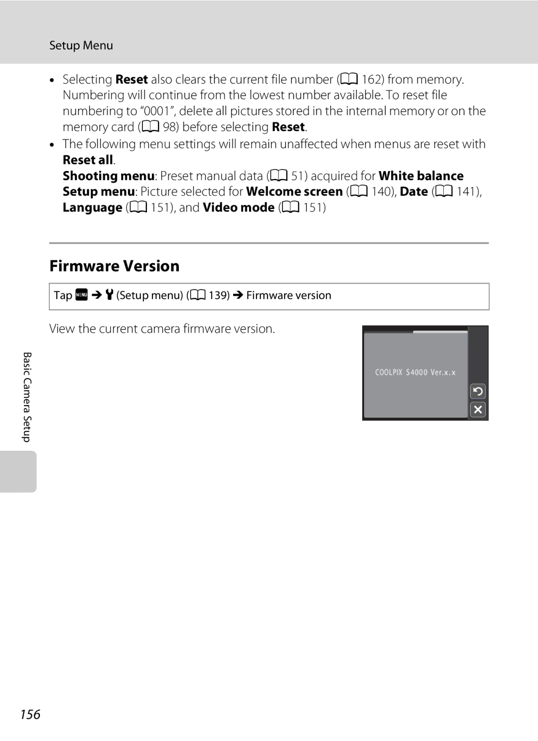 Nikon s4000 Firmware Version, 156, View the current camera firmware version, Tap FM zSetup menu a 139 M Firmware version 