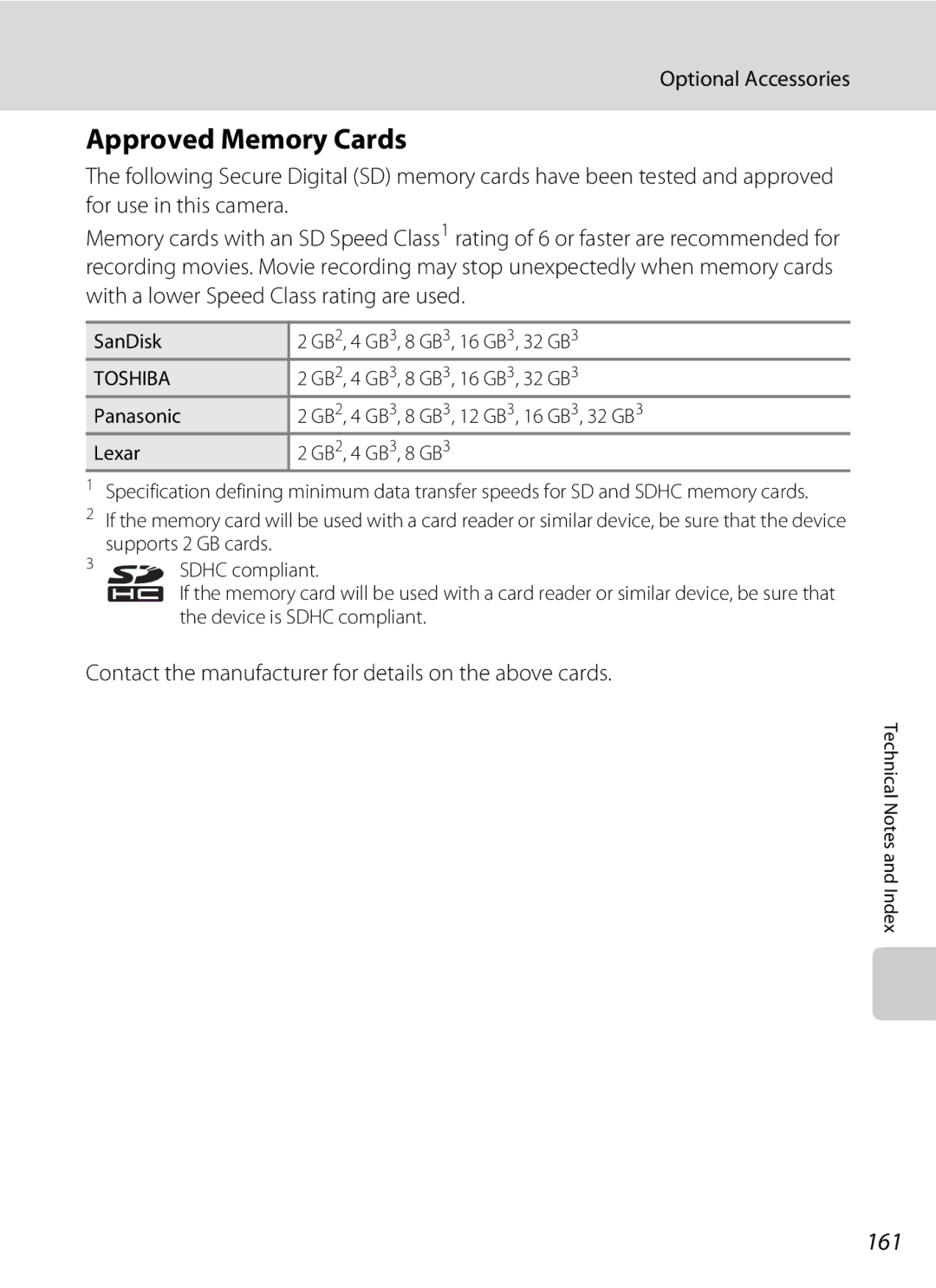 Nikon s4000 Approved Memory Cards, 161, Optional Accessories, Contact the manufacturer for details on the above cards 