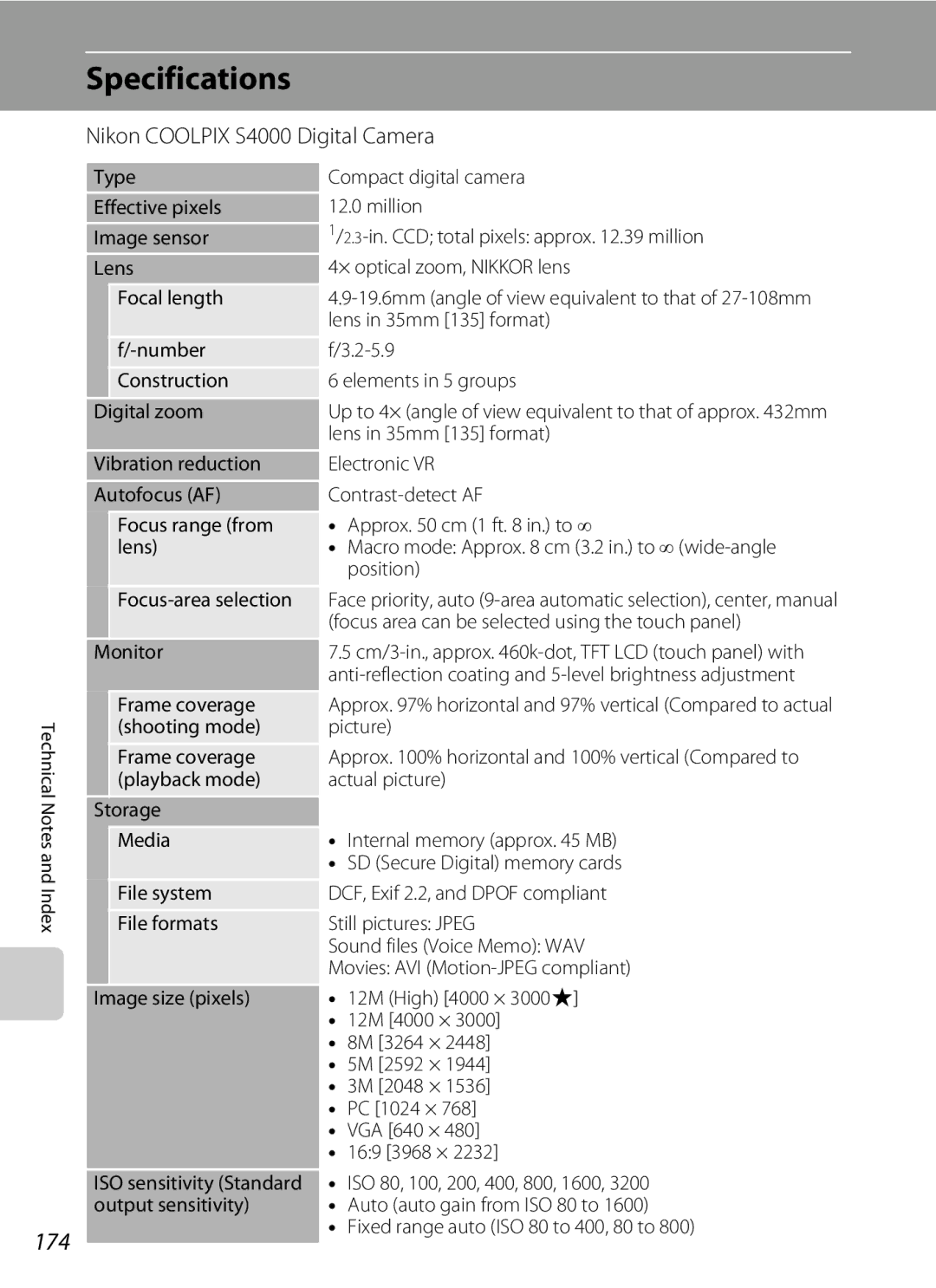 Nikon COOLPIXS4000MDKIT, COOLPIXS4000PLUM, COOLPIXS4000CS, s4000 Specifications, 174, Nikon Coolpix S4000 Digital Camera 