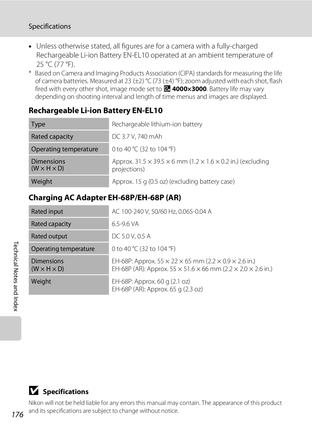 Nikon s4000, coolpix Rechargeable Li-ion Battery EN-EL10, Charging AC Adapter EH-68P/EH-68P AR, 25 C 77 F, Specifications 