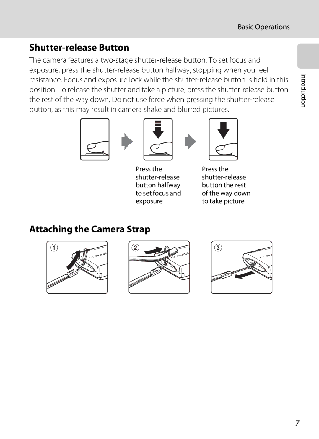 Nikon coolpix, s4000 Shutter-release Button, Attaching the Camera Strap, Basic Operations, Exposure To take picture 