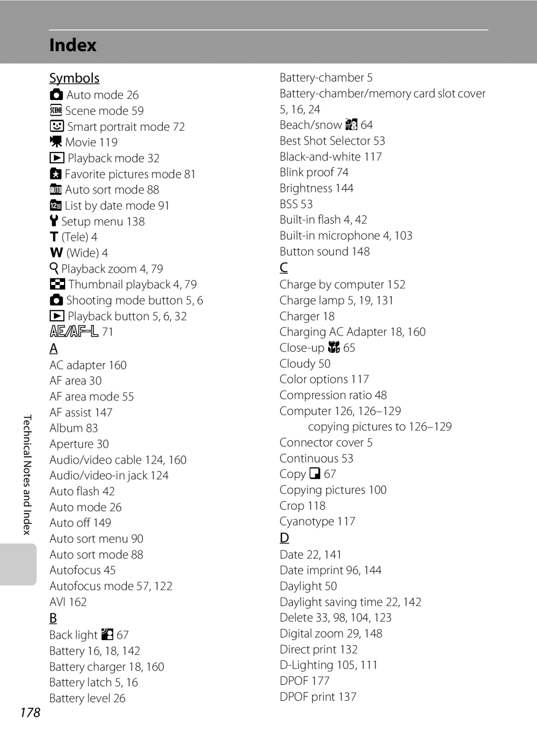 Nikon COOLPIXS4000PLUM, COOLPIXS4000MDKIT, COOLPIXS4000CS, s4000, coolpix user manual Index, Symbols, 178 