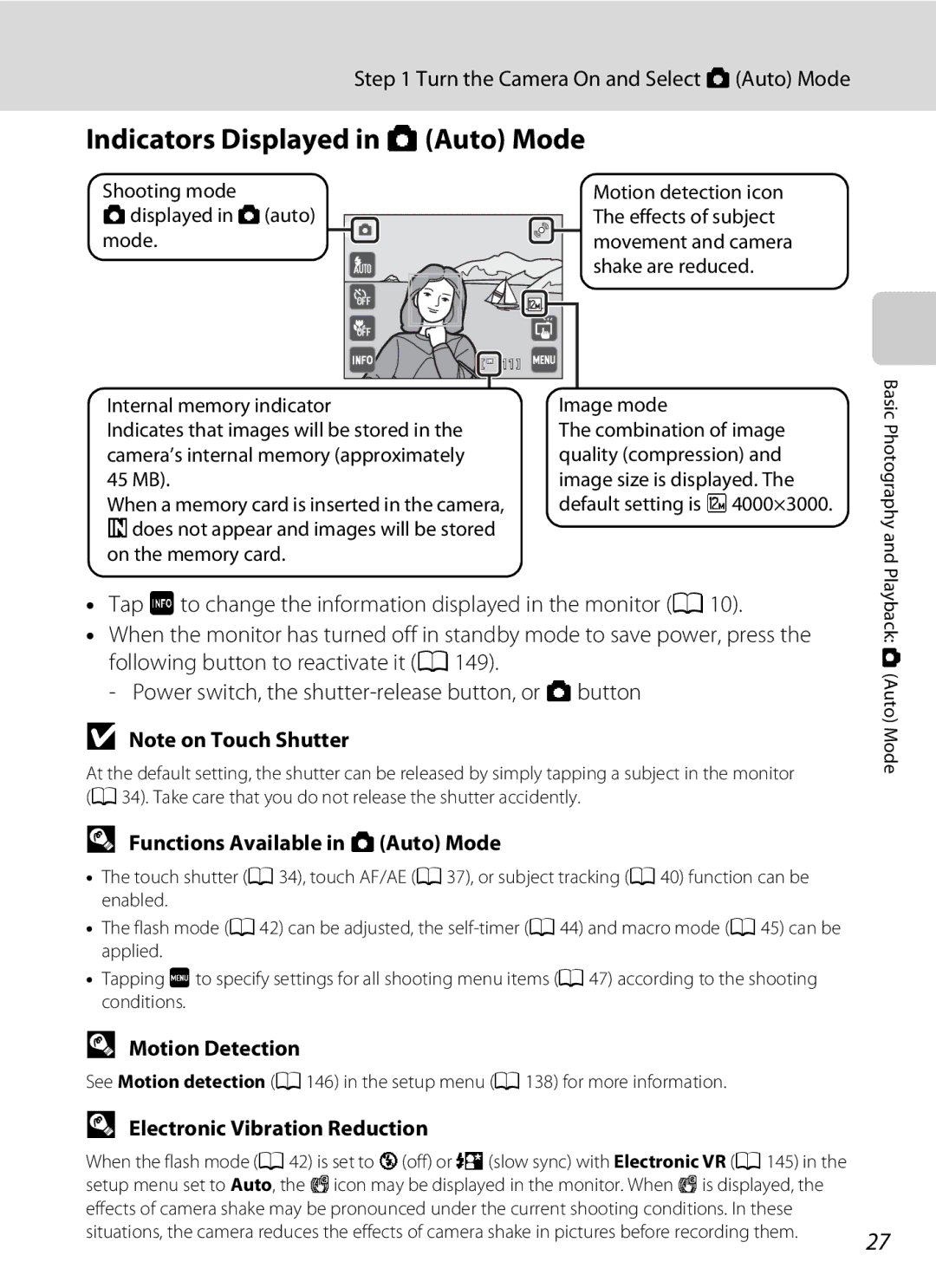 Nikon coolpix, s4000 Turn the Camera On and Select a Auto Mode, Functions Available in AAuto Mode, Motion Detection 