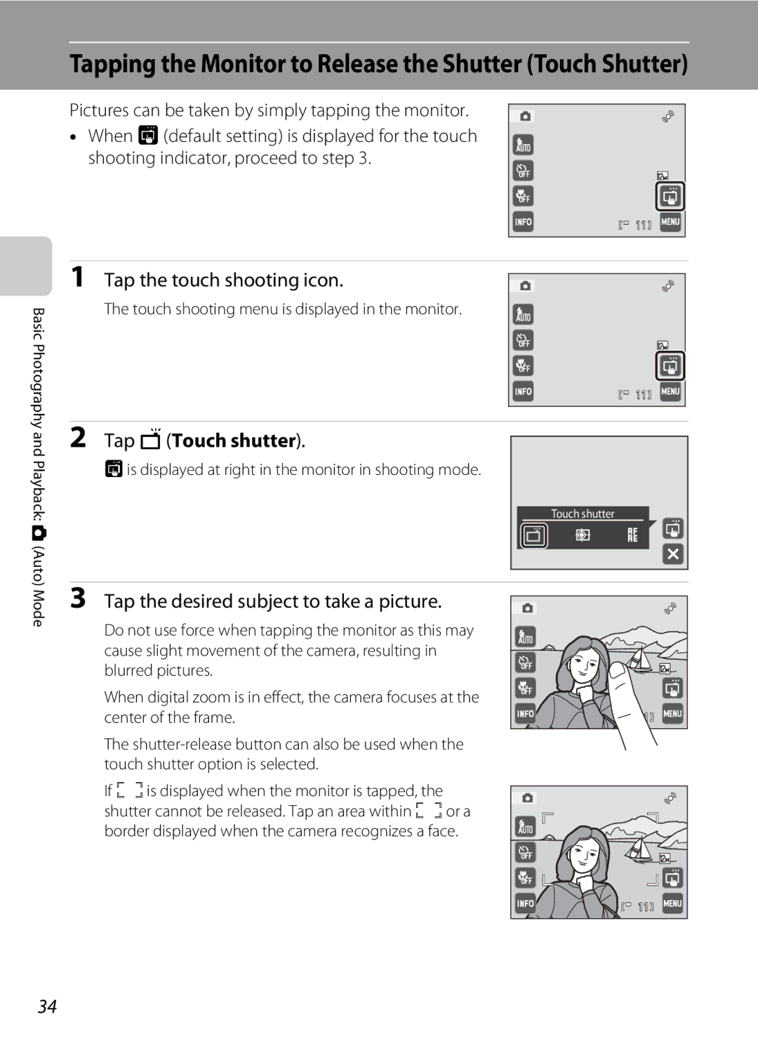 Nikon COOLPIXS4000MDKIT, s4000 Tap the touch shooting icon, Tap rTouch shutter, Tap the desired subject to take a picture 